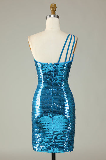 Glitter Royal Blue One Shoulder Sequins Tight Short Ball Dress